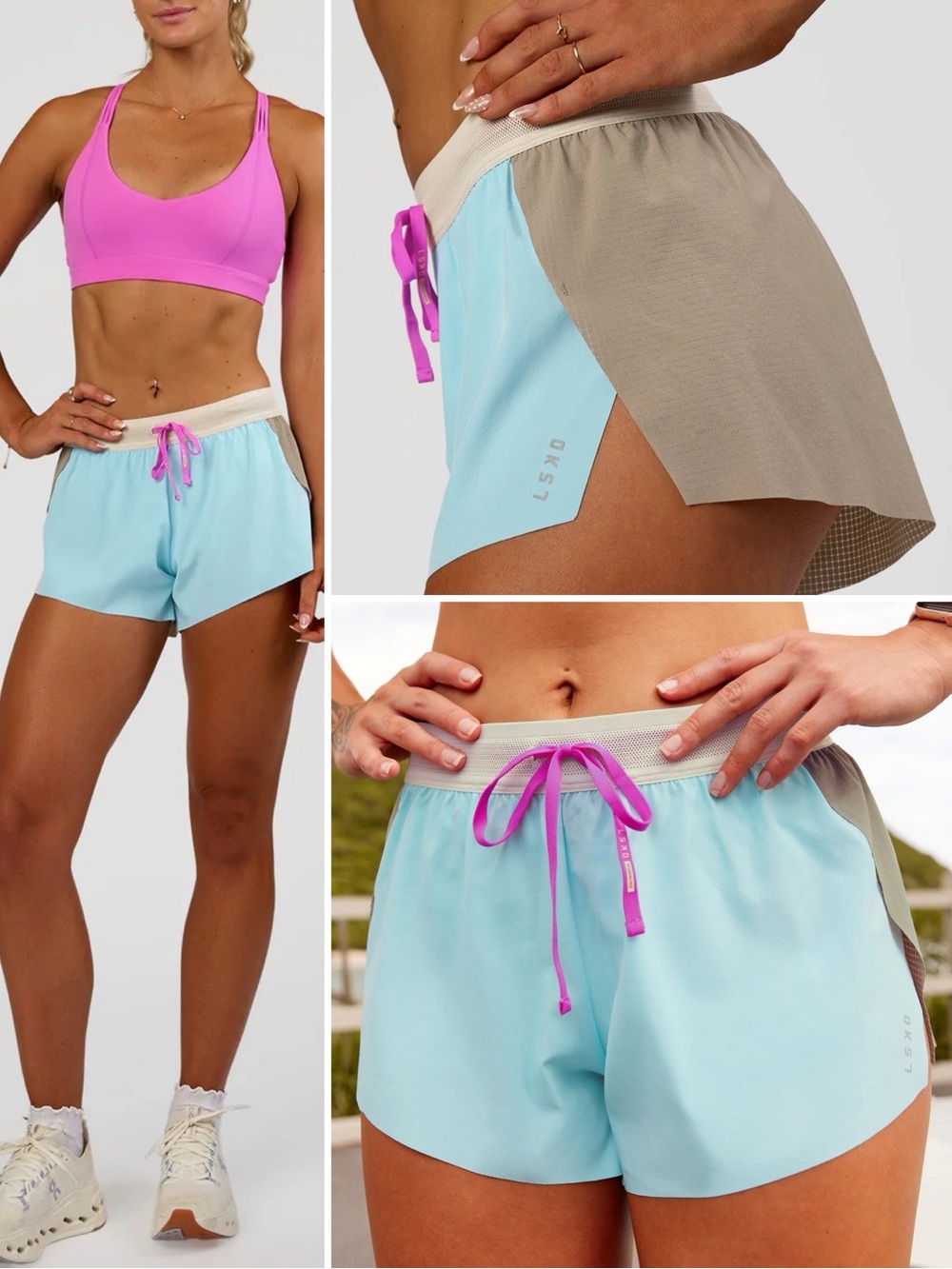 LSKD Accelerate 3" Mid-Rise Running Short Taupe Ash-Glacial Blue XS NWT